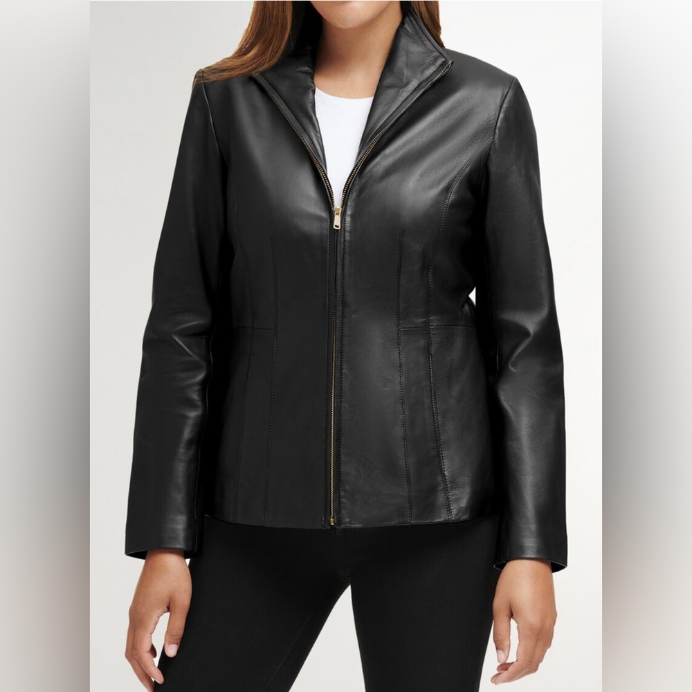 COLE HAAN Womens Black Wing Collar  Lambskin Leather Jacket Size XS NWT